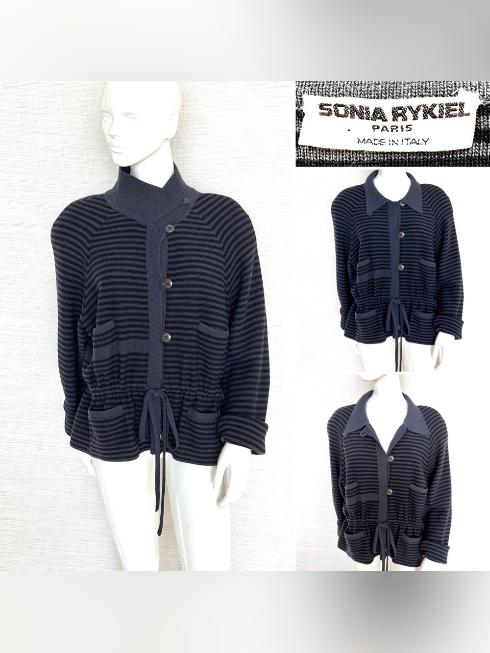 RARE VINTAGE SONIA RYKIEL PARIS STRIPED WOOL KNIT JACKET CARDIGAN S/M